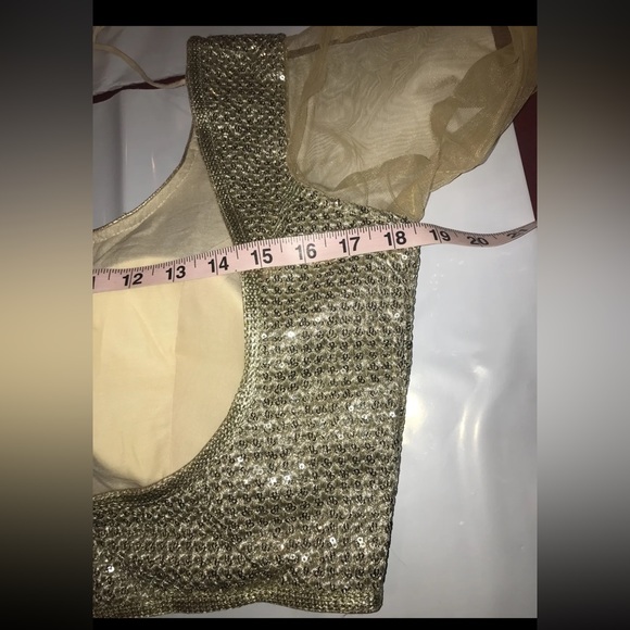 genie GOLD Belly dancer top Gypsy cropped mermaid sheer sleeves dance shirt S M - Picture 6 of 13